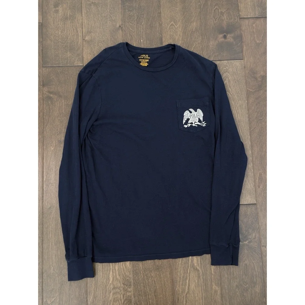 Polo Ralph Lauren Mens Custom Fit Long Sleeve Crewneck Tee Blue Eagle USA‎ Shirt